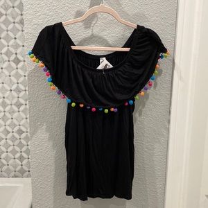 Black multi color Pom Pom ruffle top